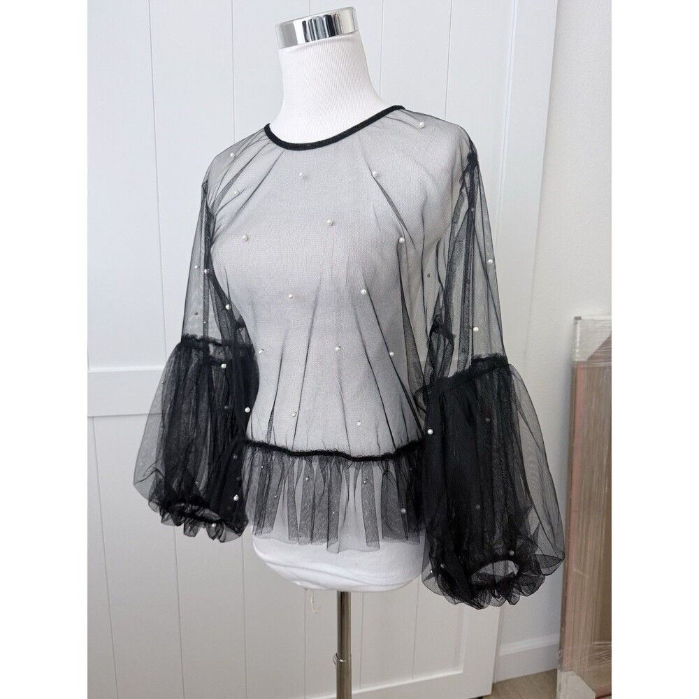 Black Sheer Pearl Mesh Puff Balloon Sleeve Top Sz L Peplum Romantic Mermaidcore